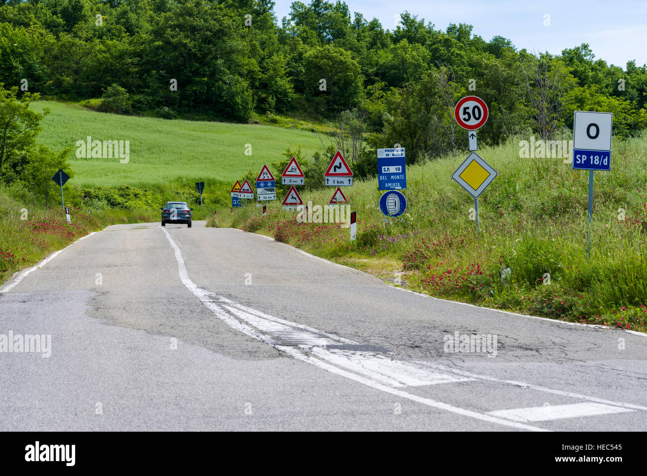 Typische grüne Toskana Landschaft im Val d'Orcia mit einer Straße flankiert bei vielen Verkehrszeichen Stockfoto