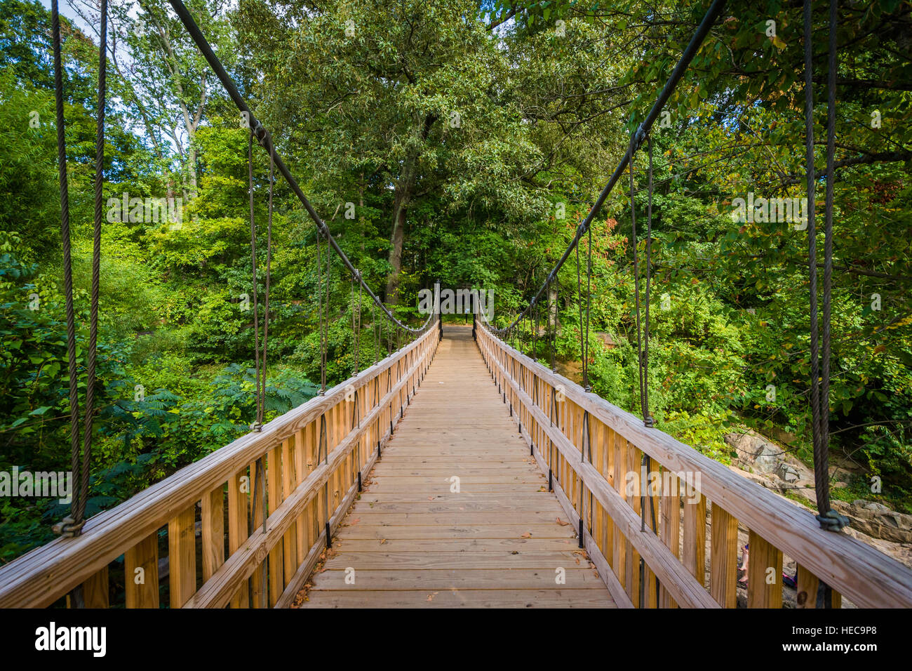 Brücke über den kleinen Sugar Creek im Freedom Park, in Charlotte, North Carolina. Stockfoto