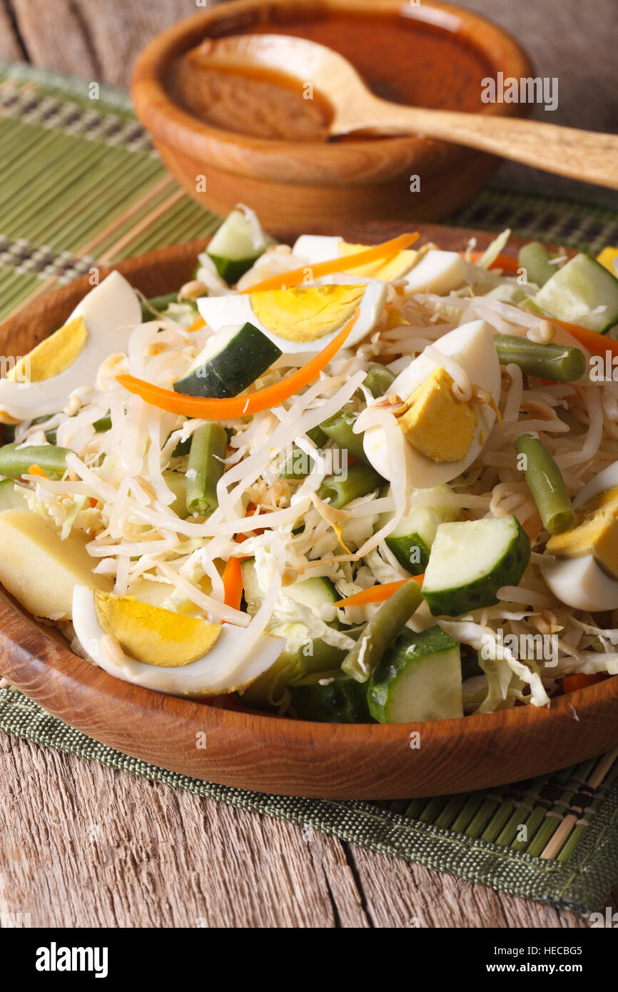Indonesischer Salat Gado Gado mit Erdnuss-Sauce Nahaufnahme auf einer Platte. vertikale Stockfoto