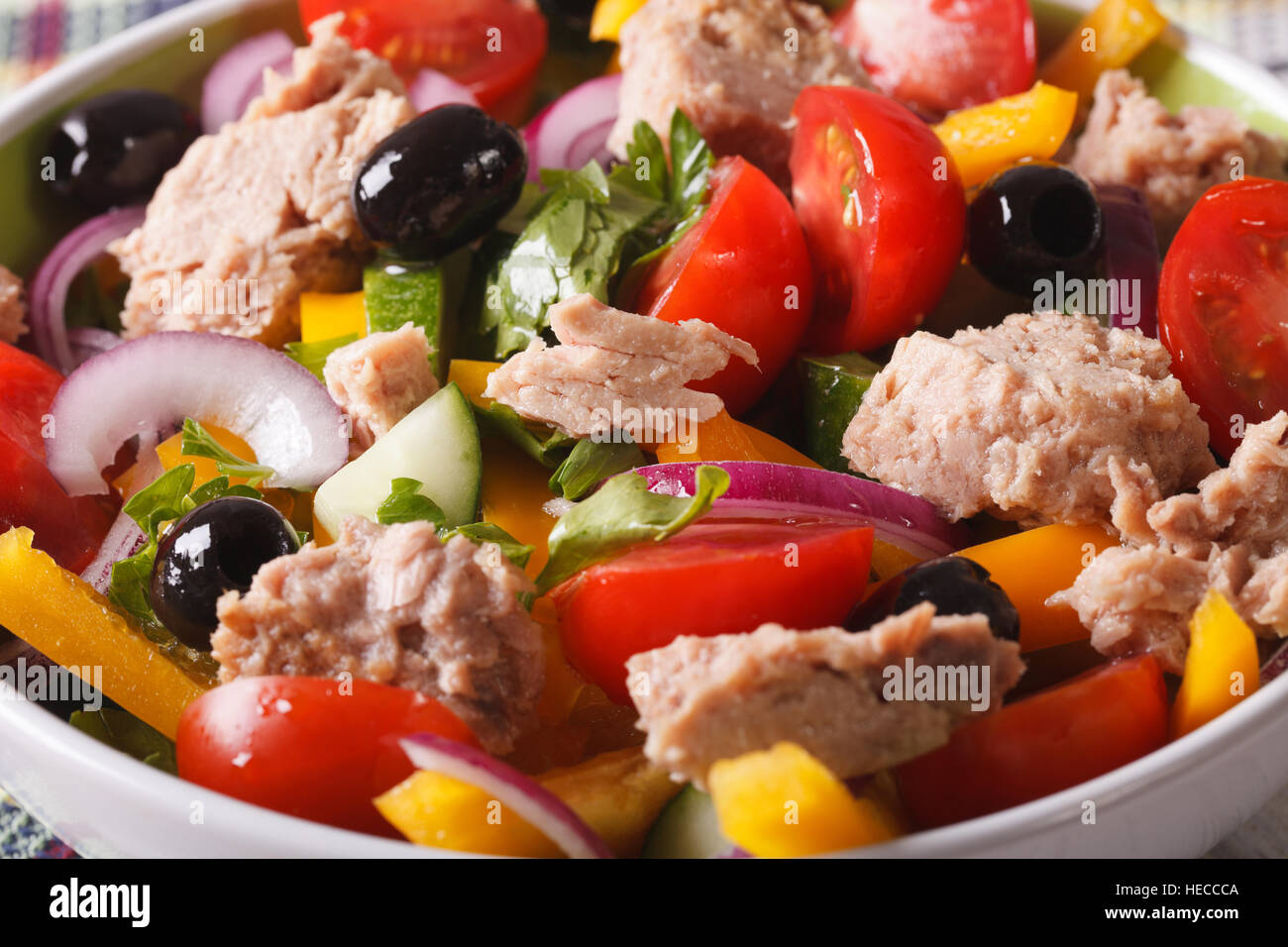 Gesunder Salat mit frischem Gemüse und Thunfisch in eine Schüssel-Makro. horizontale Stockfoto