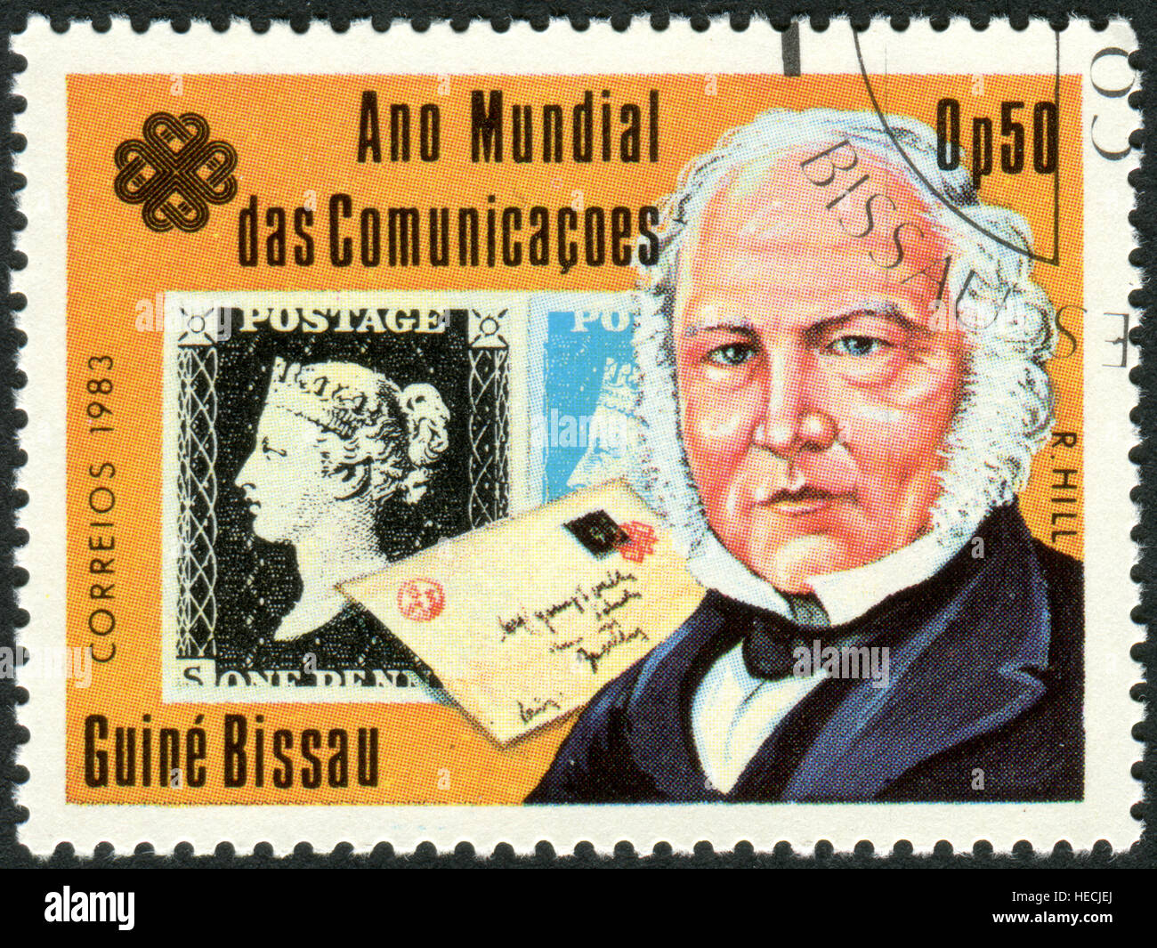 Eine Briefmarke gedruckt in Guinea-Bissau, zeigt ein Englisch-Lehrer, Erfinder und Sozialreformer Sir Rowland Hill Stockfoto