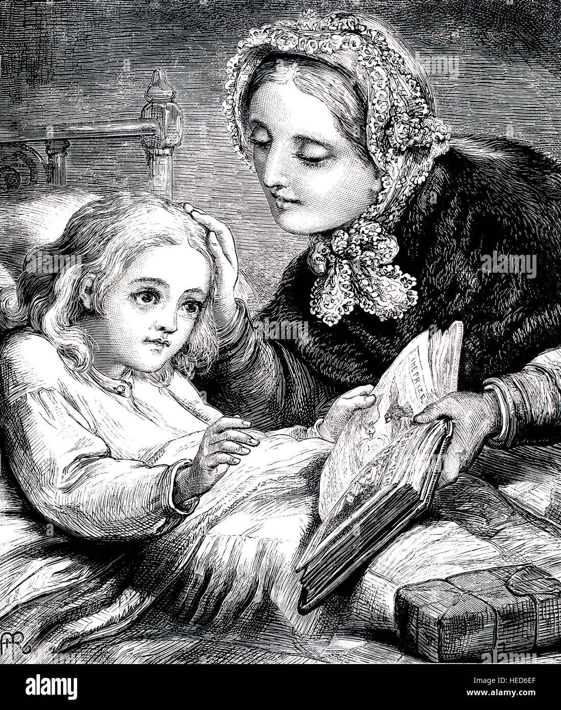 Mutter lesen, krankes Kind im Bett, Illustration von 1884 Chatterbox wöchentlichen Kinder Papier Stockfoto