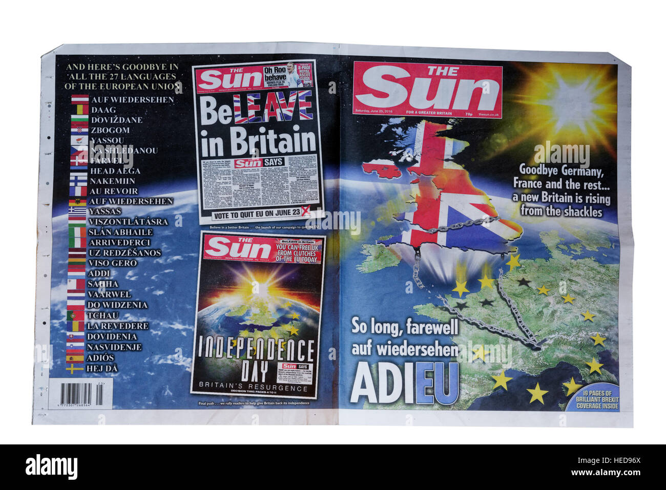 Der Sonne-Titelseite vom 25. Juni 2016 feiert Austritt, die UK-Entscheidung, der Europäischen Union nach dem Referendum zu verlassen Stockfoto