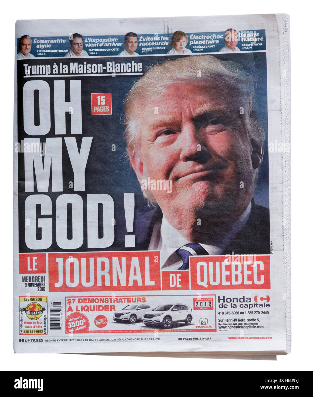 Le Journal de Québec Titelseite vom 9. November 2016 für die Wahl von Donald Trump als US-Präsident Stockfoto