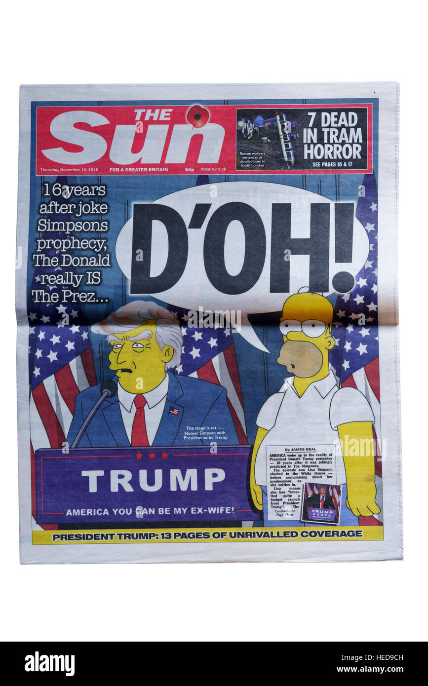 Der Sonne-Titelseite vom 10. November 2016 für die Wahl von Donald Trump als US-Präsident Stockfoto