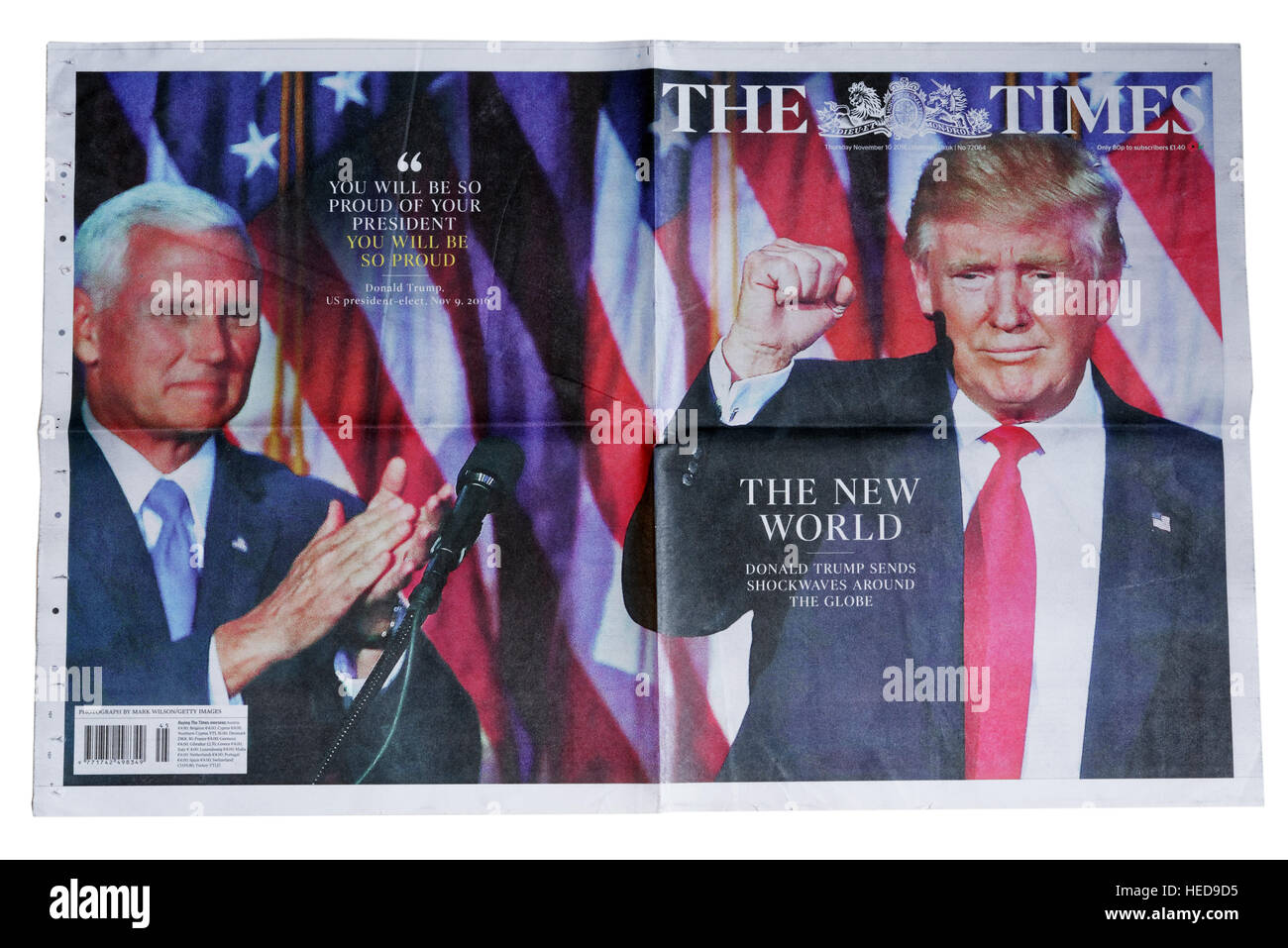 Die Titelseite der Times vom 10. November 2016 für die Wahl von Donald Trump als US-Präsident Stockfoto