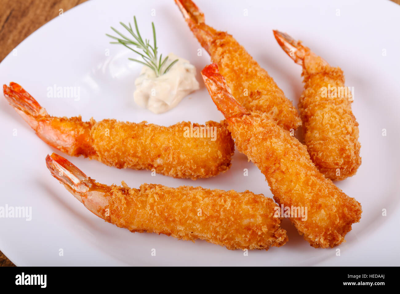 Heißen knusprige Garnelen-Tempura mit Knoblauchsauce Stockfotografie ...
