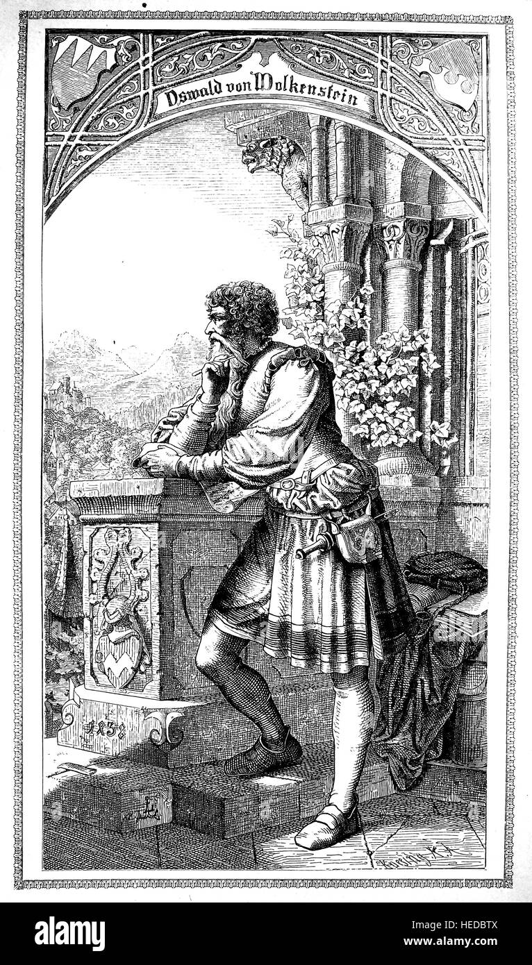 Oswald von Wolkenstein, 1376 oder 1377-1445, verbessert, ein Dichter, Komponist und Diplomat und der letzte Minnesänger aus einem Holzschnitt von 1880, digitale Stockfoto