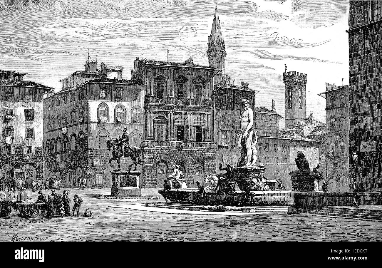 Der Brunnen, Neptunbrunnen, in Florenz, Italien, aus einem Holzschnitt von 1880, digital verbessert Stockfoto