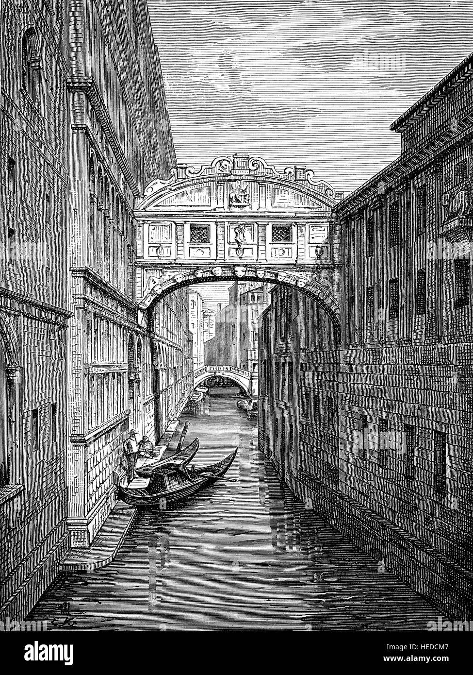 Die Seufzerbrücke oder Ponte dei Sospiri, ist eine Brücke in Venedig, Norditalien, von einem Holzschnitt von 1880, digital verbessert gelegen Stockfoto