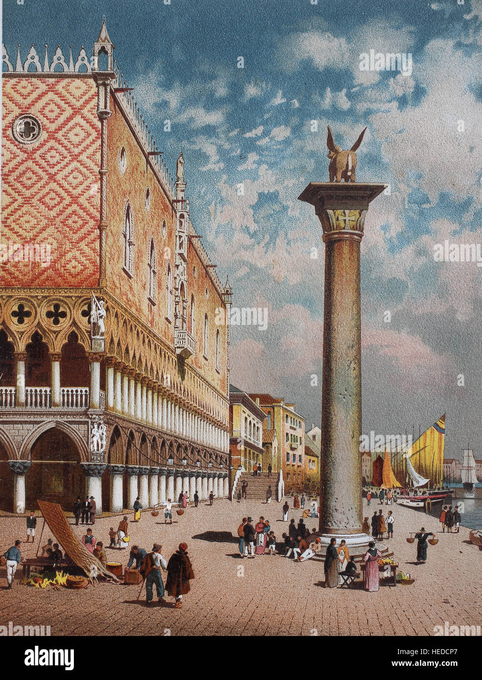 Straßenszene in den Dogenpalast in Venedig, Italien, aus einem Holzschnitt von 1880, digital verbessert Stockfoto