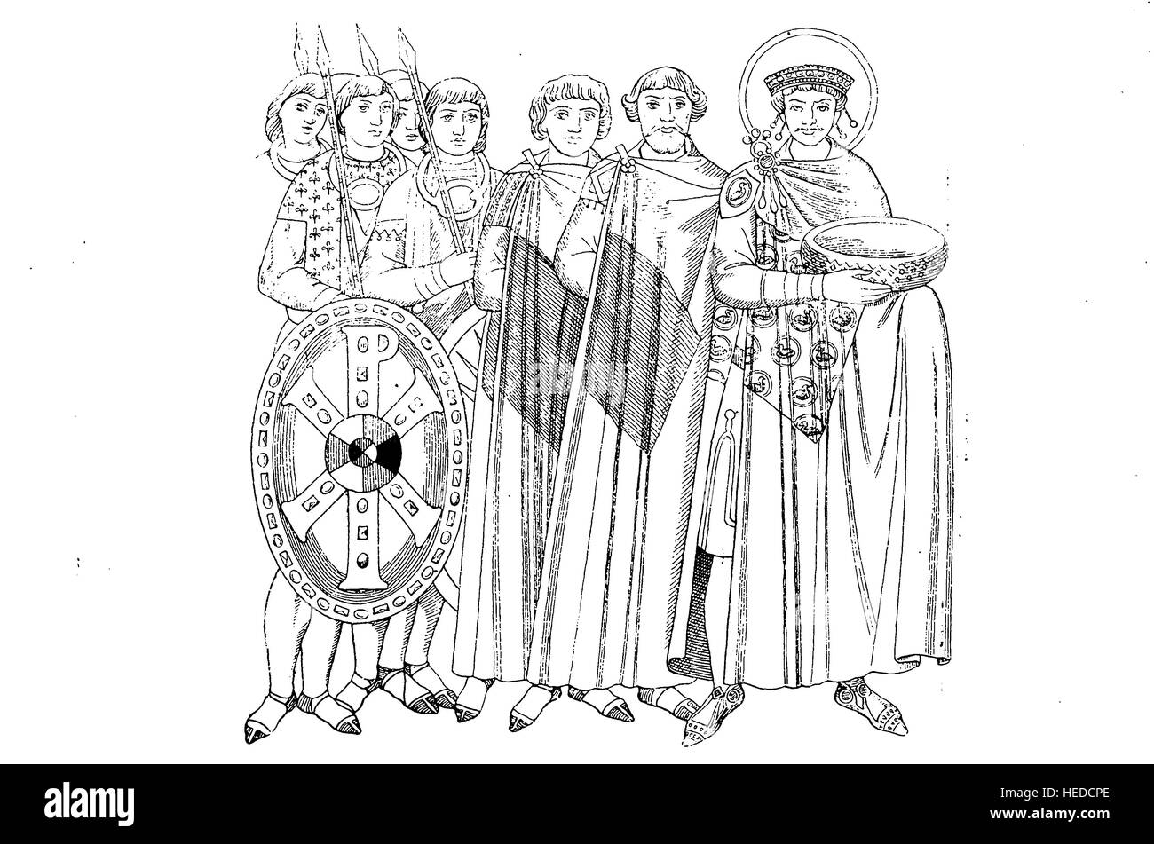 Kaiser Justinian 527-565, und sein Gefolge, rund 547, aus einem Holzschnitt von 1880, digital verbessert Stockfoto
