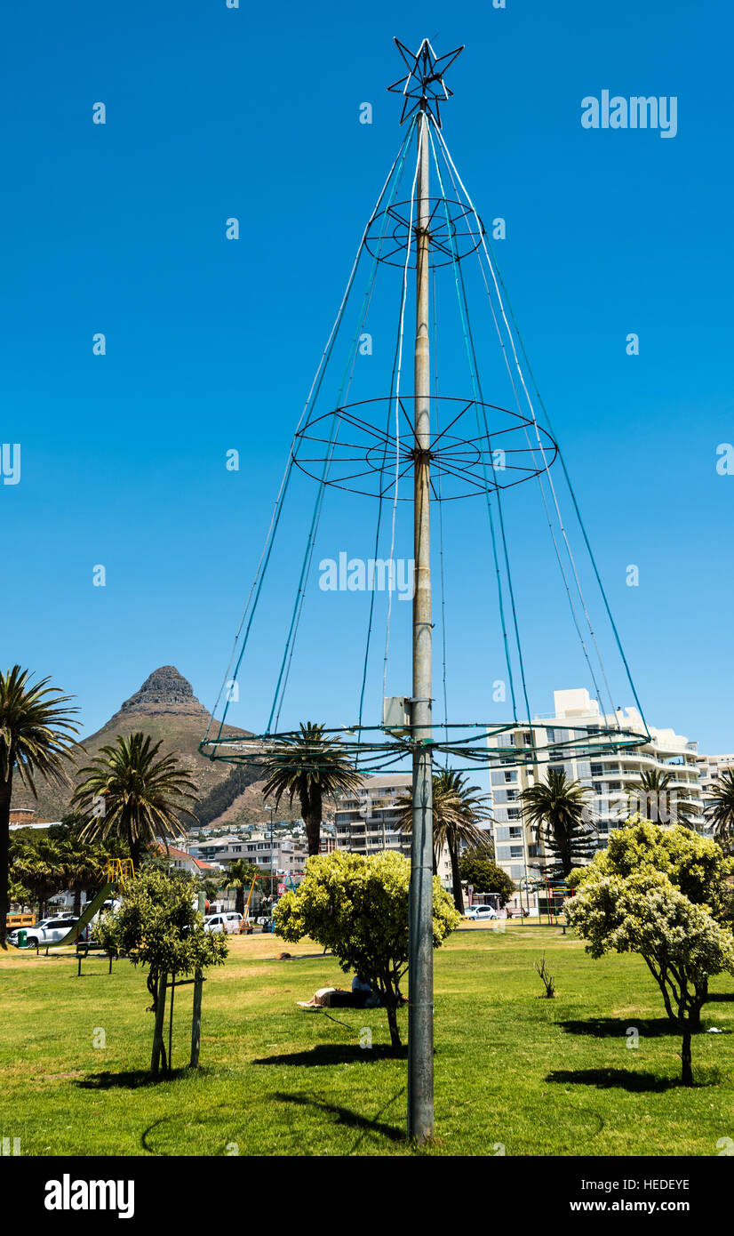 Weihnachtsbaum am Meer in Cape Town, Südafrika. Lion es Head Berg im Hintergrund. Stockfoto