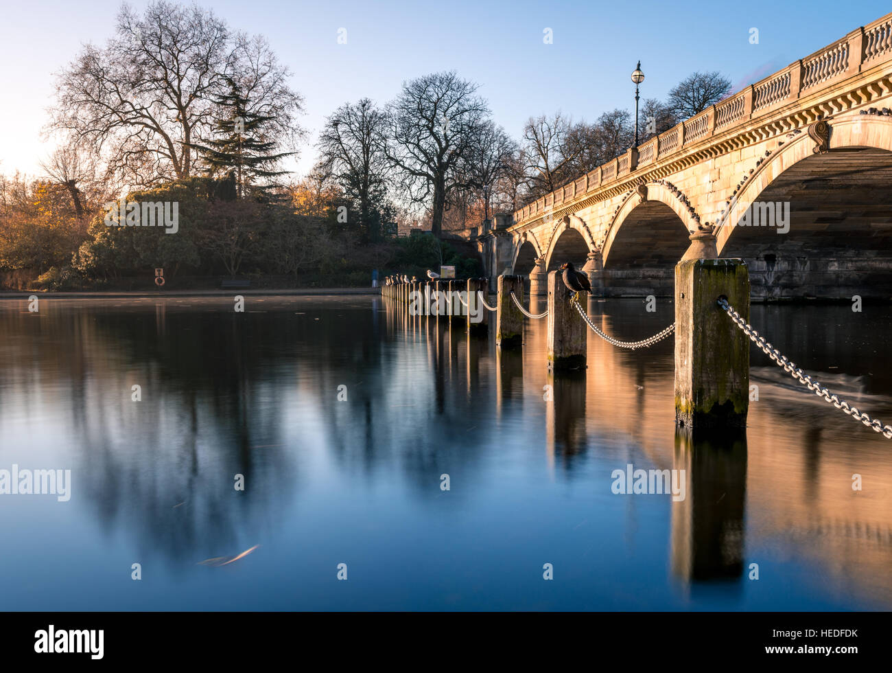 Post und Kette Zaun neben serpentine Brücke am Hyde Park, London, UK Stockfoto