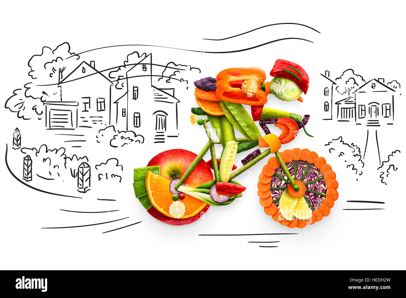 Gesunde Ernährung-Konzept eines Radfahrers mit dem Fahrrad von frischem Gemüse und Früchten, auf skizzenhafte Hintergrund gemacht. Stockfoto
