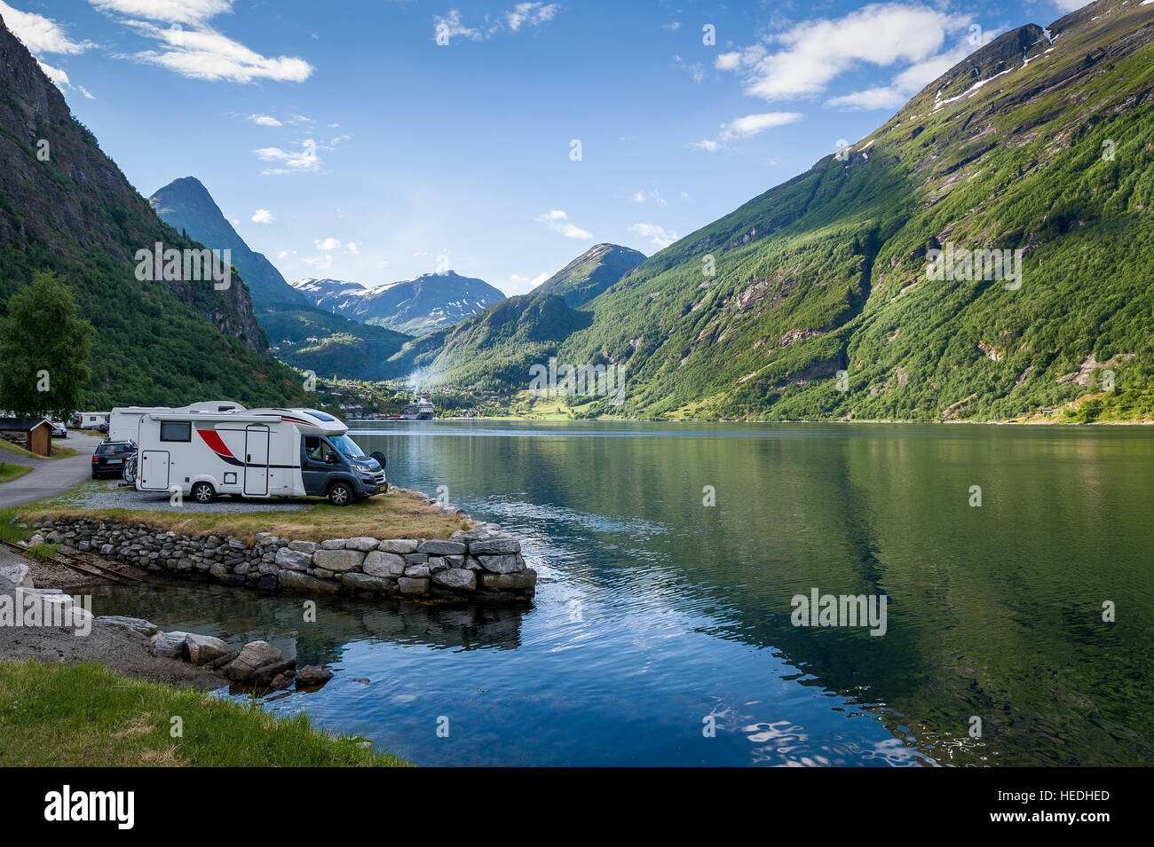 Camping in Geiranger Fjord, Norwegen. Stockfoto