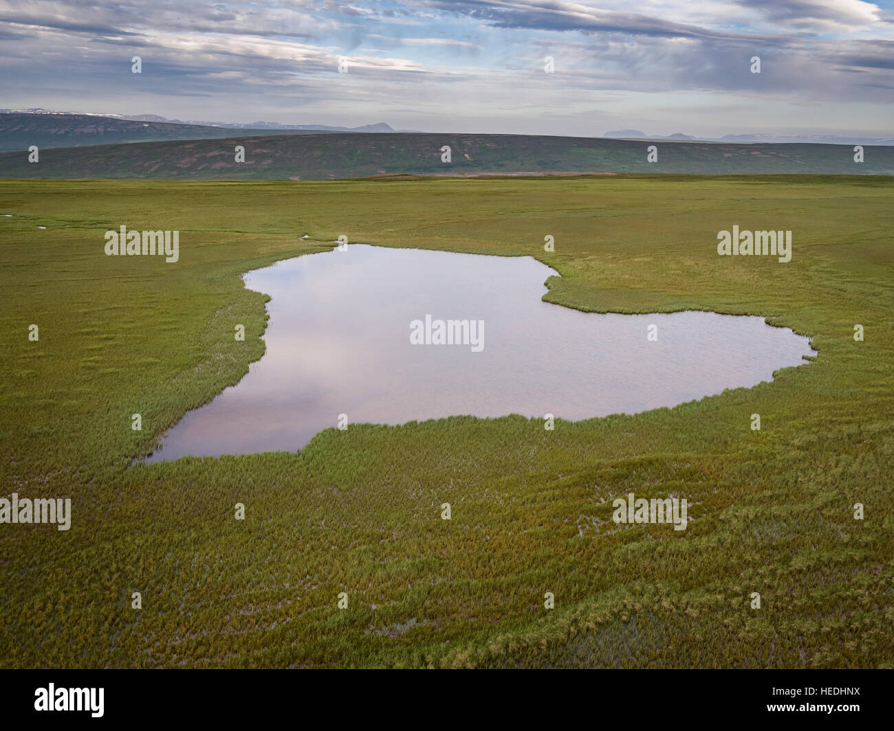 Antenne-herzförmigen See, Laxardalsheidi Heide, Island. Dieses Bild wird mit einer Drohne geschossen. Stockfoto