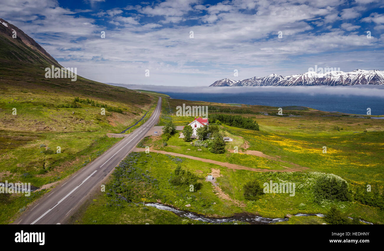 Luftaufnahme von Landschaft, Eyjafjordur, Island.  Diese Bilder geschossen mit einer Drohne. Stockfoto