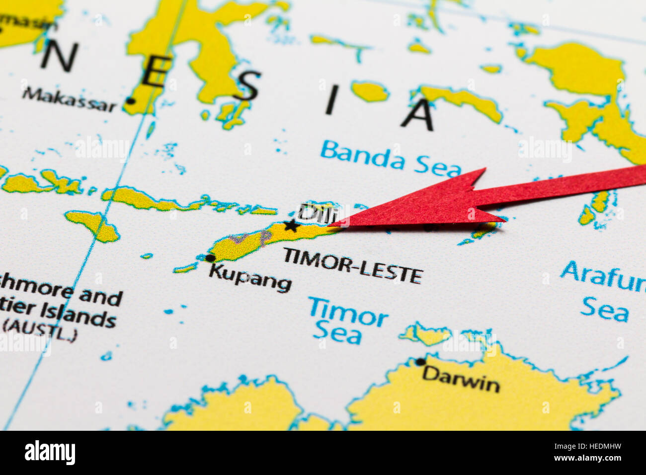 Roter Pfeil, Timor-Leste Inseln auf der Karte von Asien Kontinent Stockfoto
