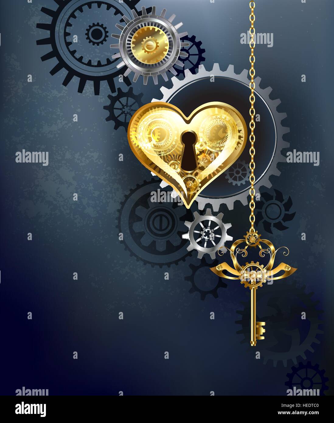 mechanisches Herz mit Getriebe und einem goldenen Schlüssel auf einem grauen Hintergrund. Stock Vektor