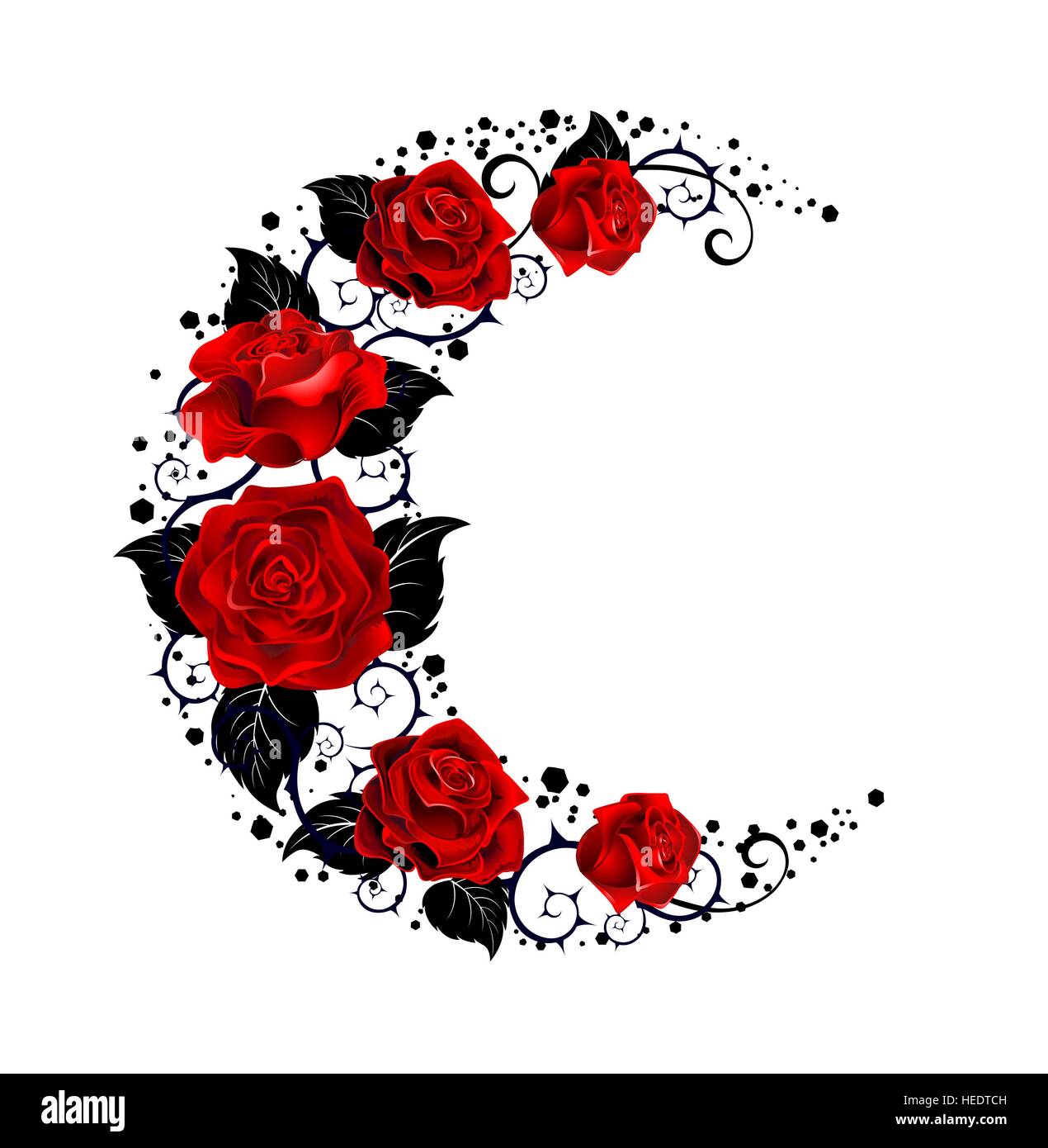 Mystische Mond bemalt, schwarze Stängel und rote Rosen auf weißem Hintergrund.  Tattoo-Stil. Stock Vektor