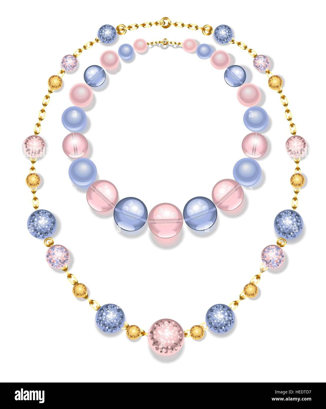 Halskette aus gold Ketten und Perlen Mode, rosa und blau auf einem weißen Hintergrund. Rosenquarz und Gelassenheit. Stock Vektor