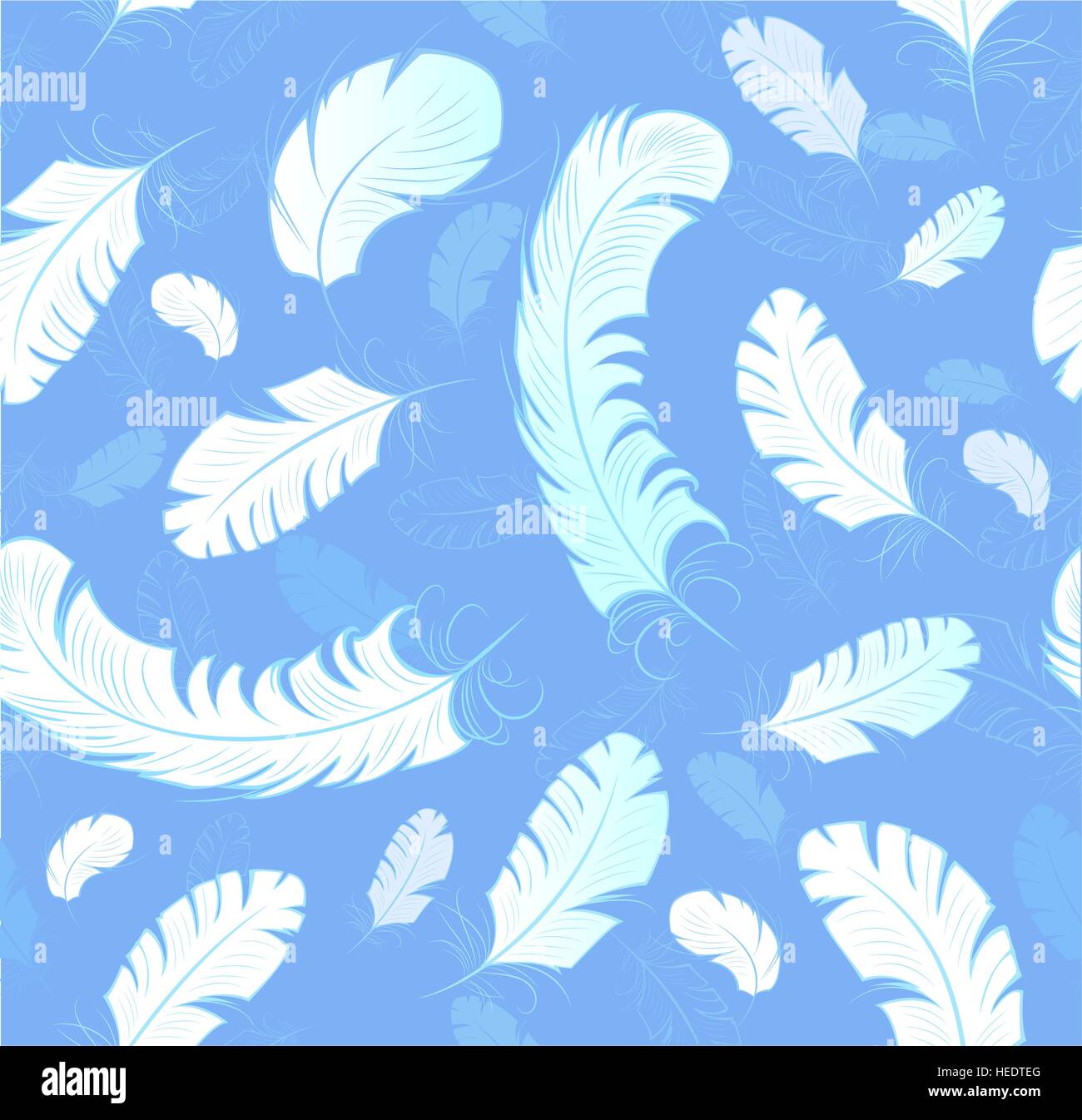 nahtloses Muster weiß, kunstvoll bemalte, stilisierte Federn mit dünnen schöne Konturen auf einem hellblauen Hintergrund. Stock Vektor