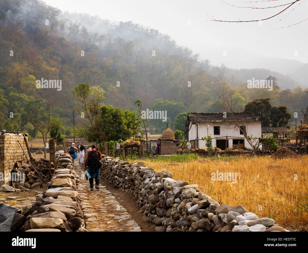 Chuka Dorf mit schweren Dschungel im Hintergrund. Chuka Dorf wurde von Jim Corbett in seinem Buch Maneaters Kumaon, Uttarakhand, Indien berühmt gemacht Stockfoto