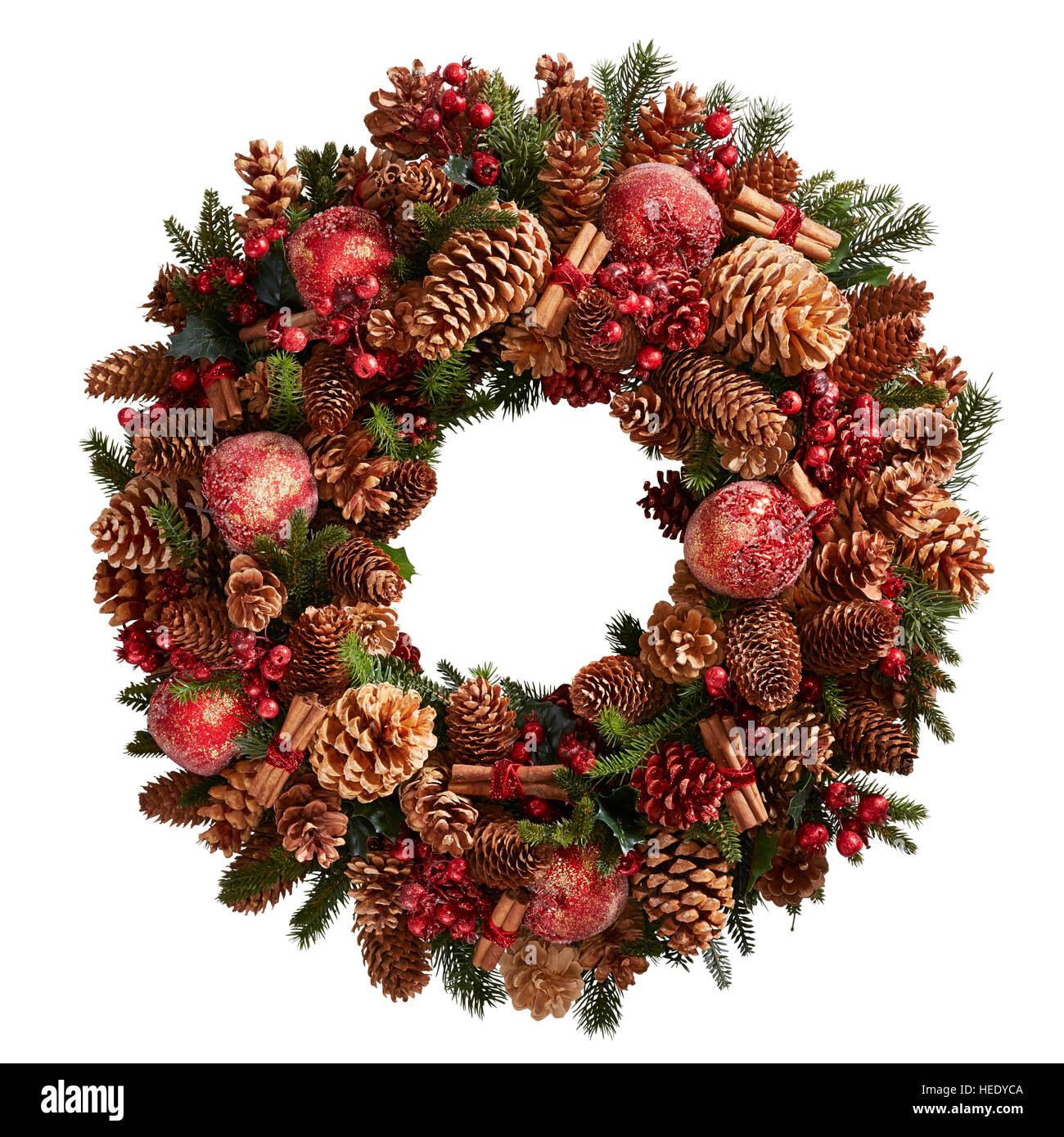 Weihnachtsschmuck mit Kranzgesimse, festliche Tür, stilvoll, traditionell rund rund rund, traditionell festlich Stockfoto