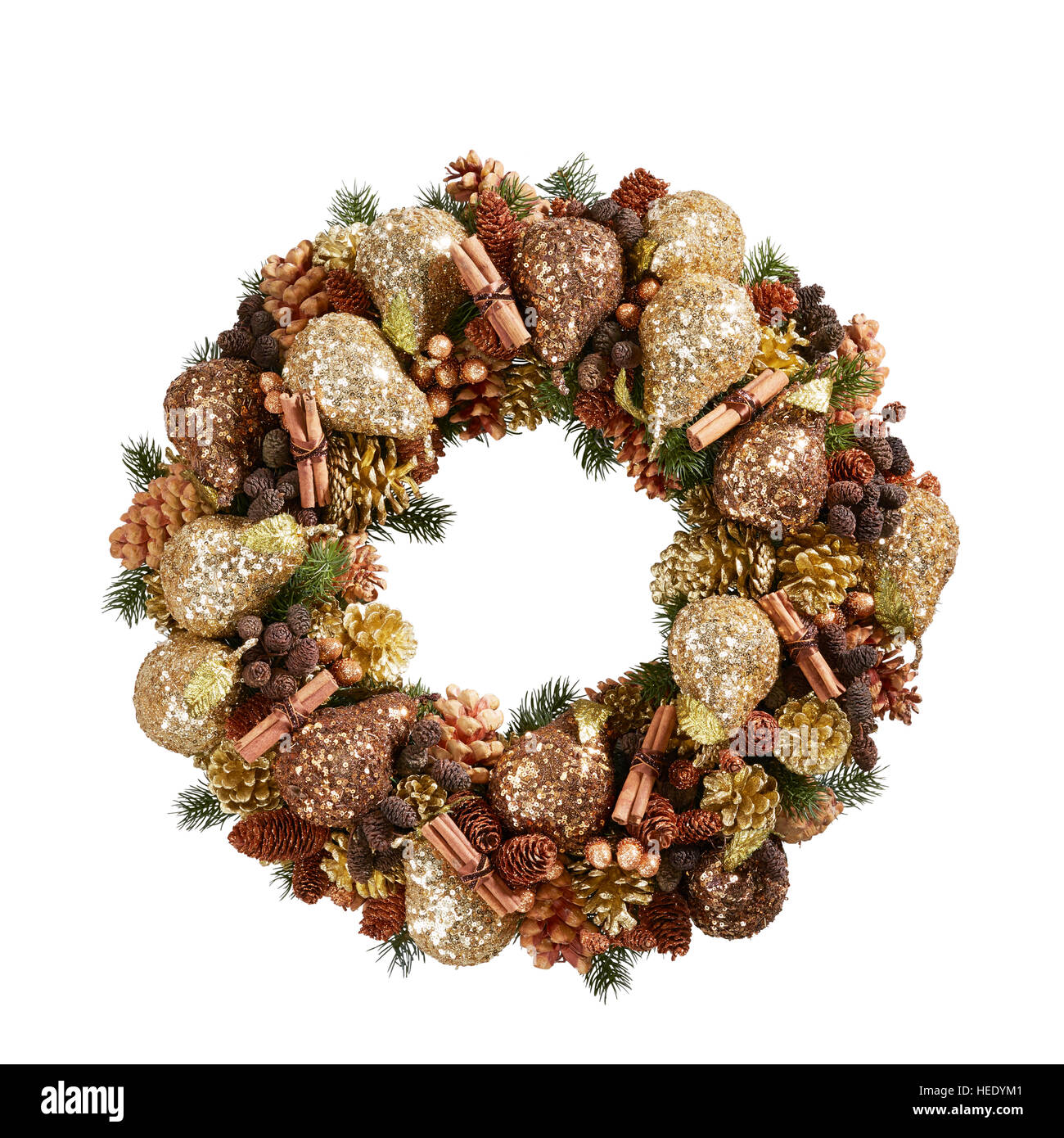 Weihnachtsschmuck mit Kranzgesimse, festliche Tür, stilvoll, traditionell rund rund rund, traditionell festlich Stockfoto