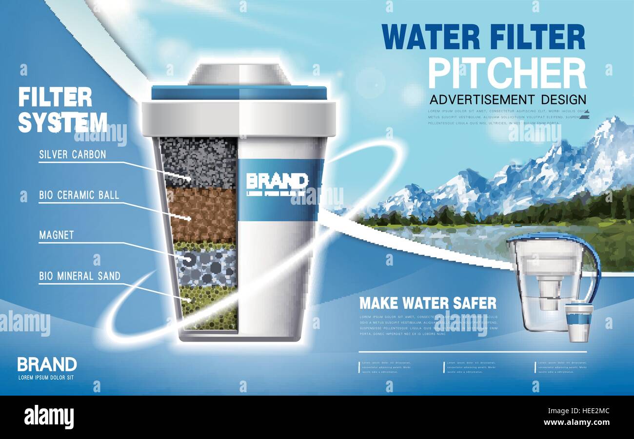 Wasser Filter Maschine Ad, natürliche Landschaft Hintergrund, 3d illustration Stock Vektor