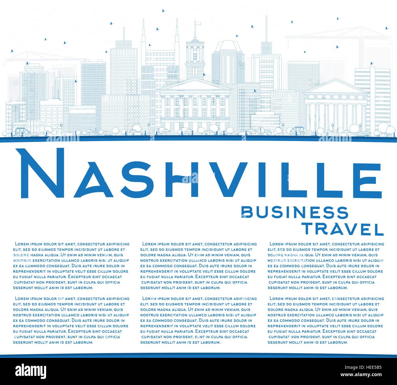 Umriss Nashville Skyline mit blauen Gebäuden und Textfreiraum. Vektor-Illustration. Geschäftsreisen und Tourismus-Konzept mit moderner Architektur. Stock Vektor