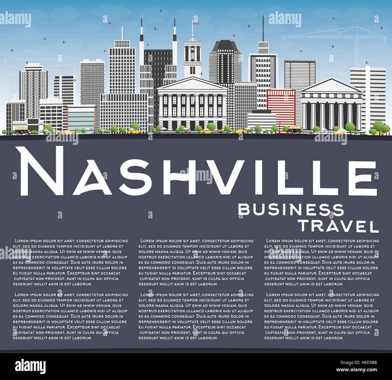 Nashville Skyline mit grauen Gebäuden, blauer Himmel und Textfreiraum. Vektor-Illustration. Geschäftsreisen und Tourismus-Konzept mit moderner Architektur. Stock Vektor