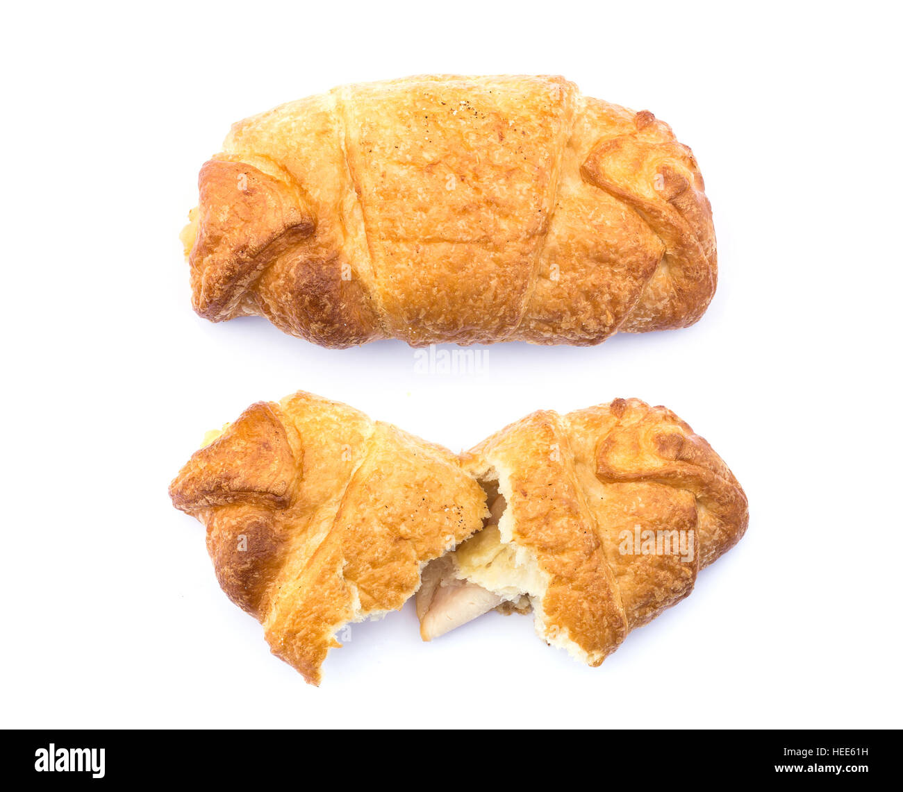 Nahaufnahme der Draufsicht Croissant isoliert auf weißem Hintergrund Stockfoto