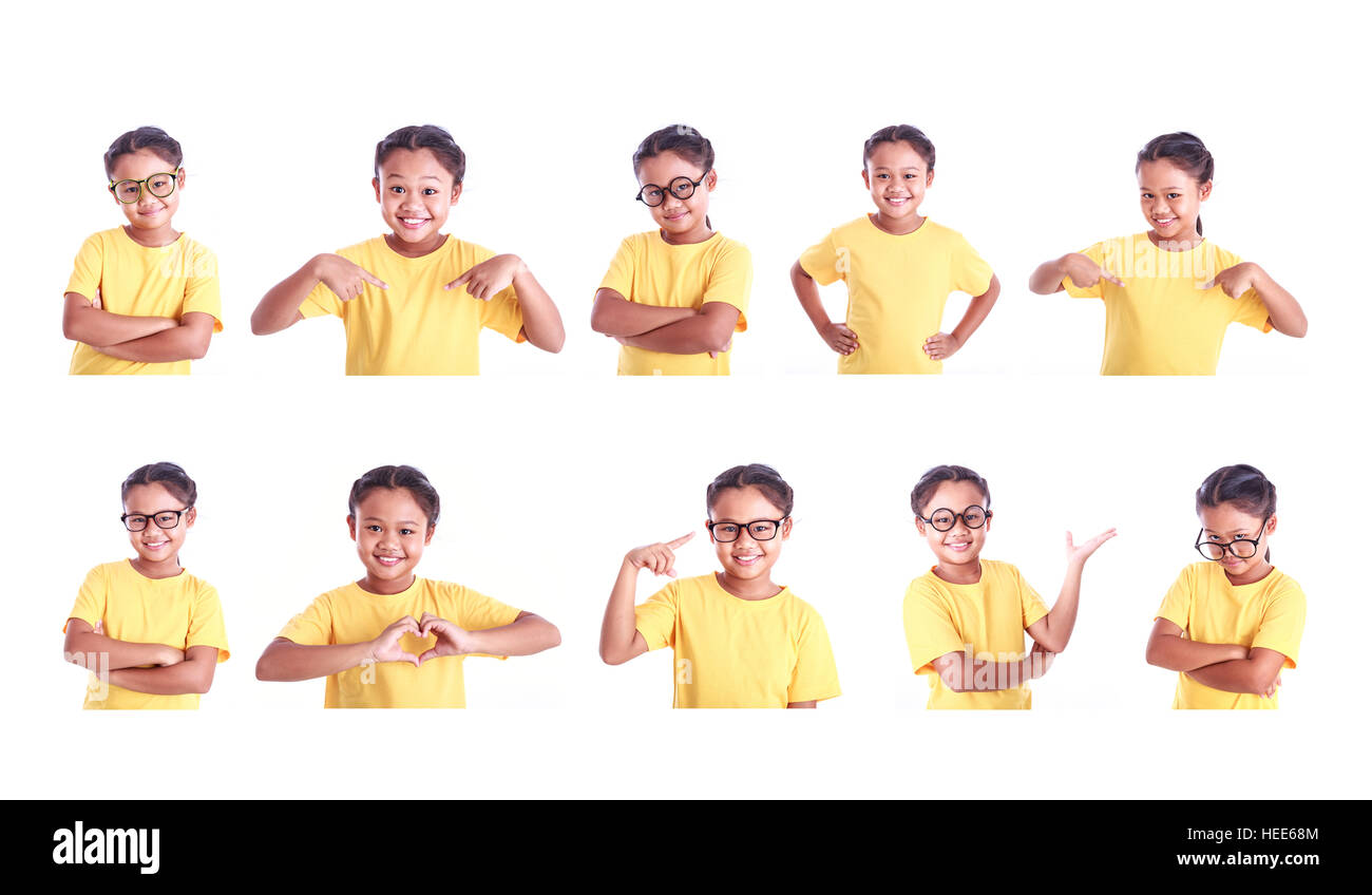 Eingestellten Porträt der jungen Asiatin mit gelben T-shirt isoliert auf weißem Hintergrund Stockfoto