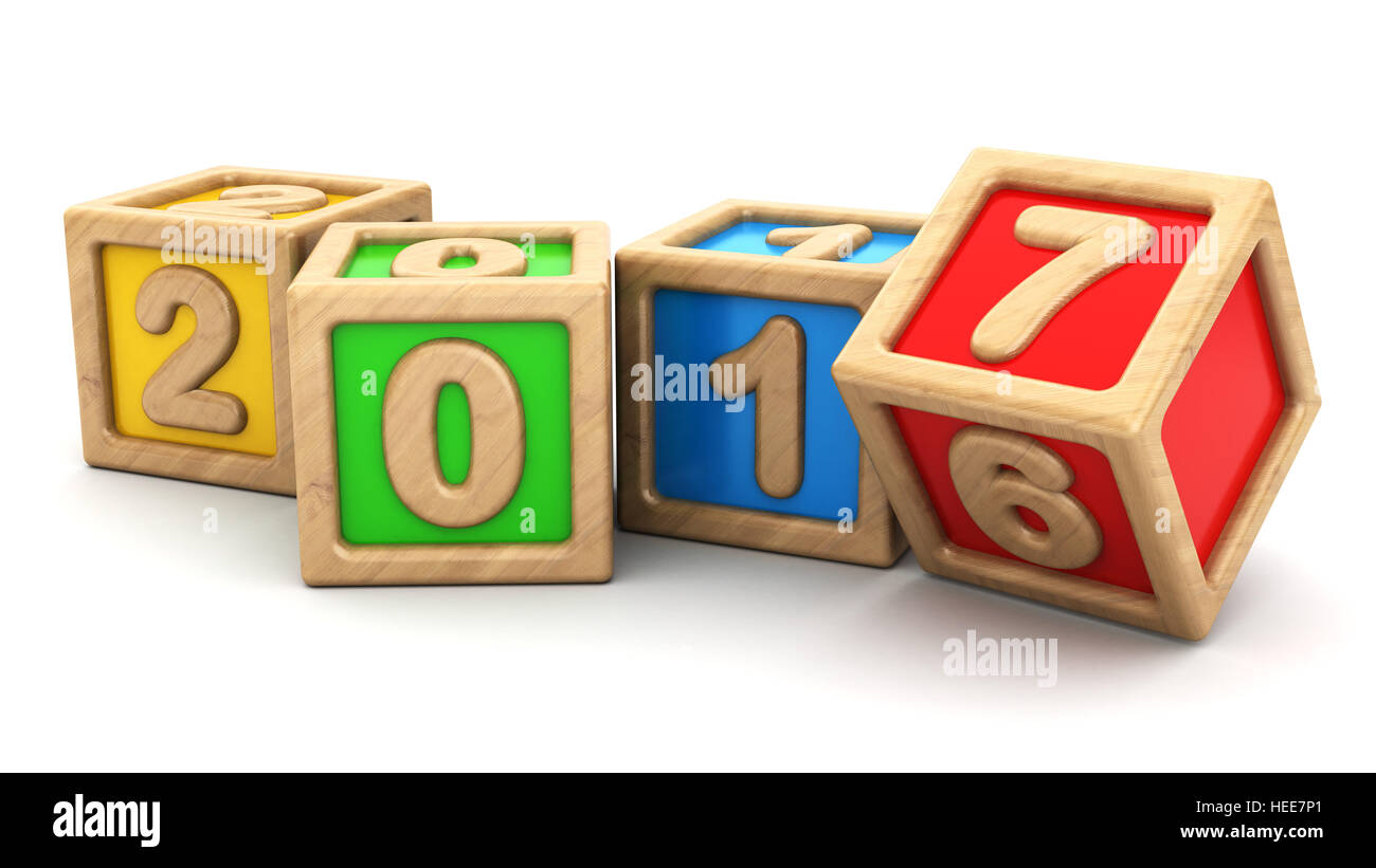 abstrakt 3d Illustration Neujahr Symbol mit Holzspielzeug Würfel Stockfoto