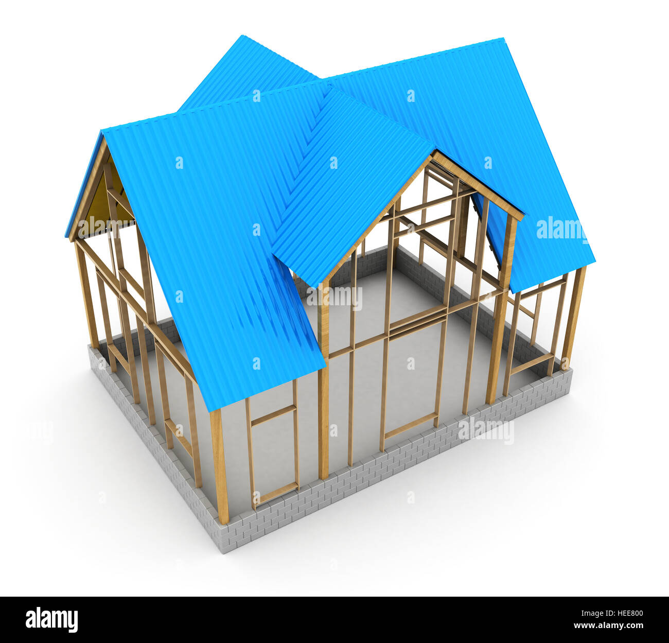 3D Abbildung des Holzhaus Bau, blau Metalldach Stockfoto