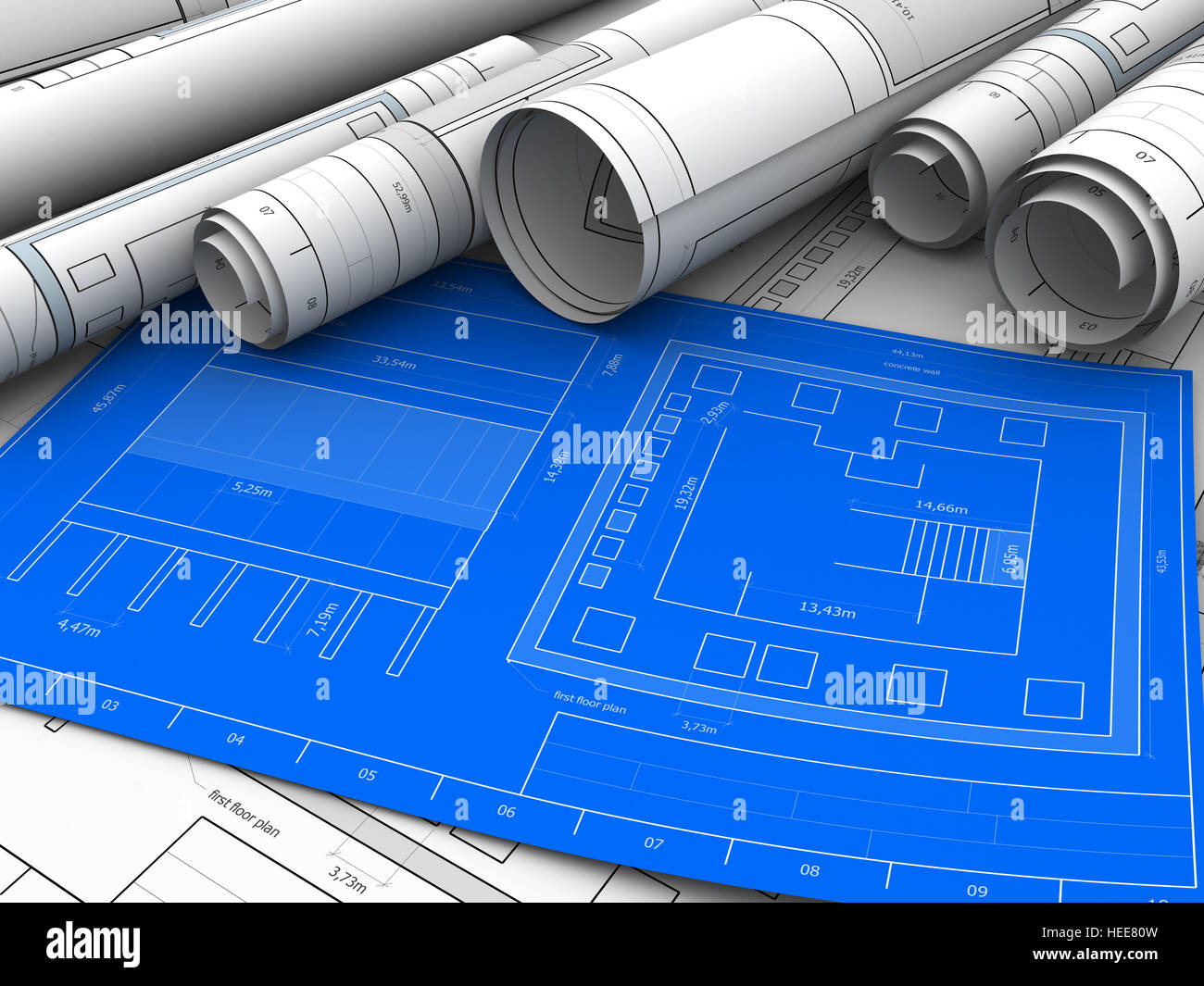 abstrakt 3d Illustration der Baupläne des Gebäudes Stockfoto