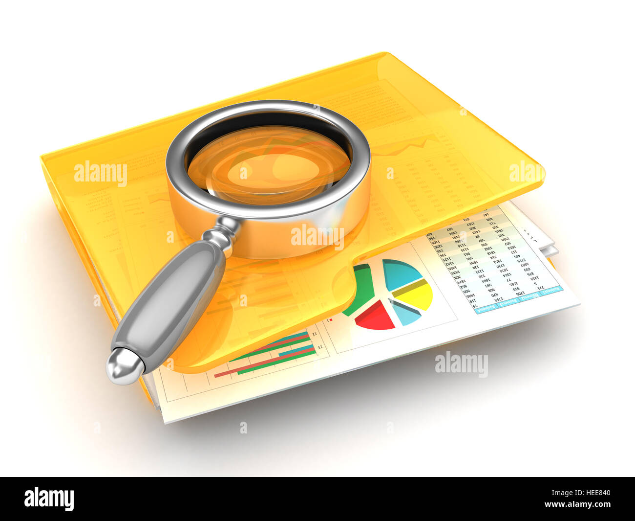 3D Illustration zu vergrößern, Gflass und Ordner Analyse Papiere Konzept Stockfoto