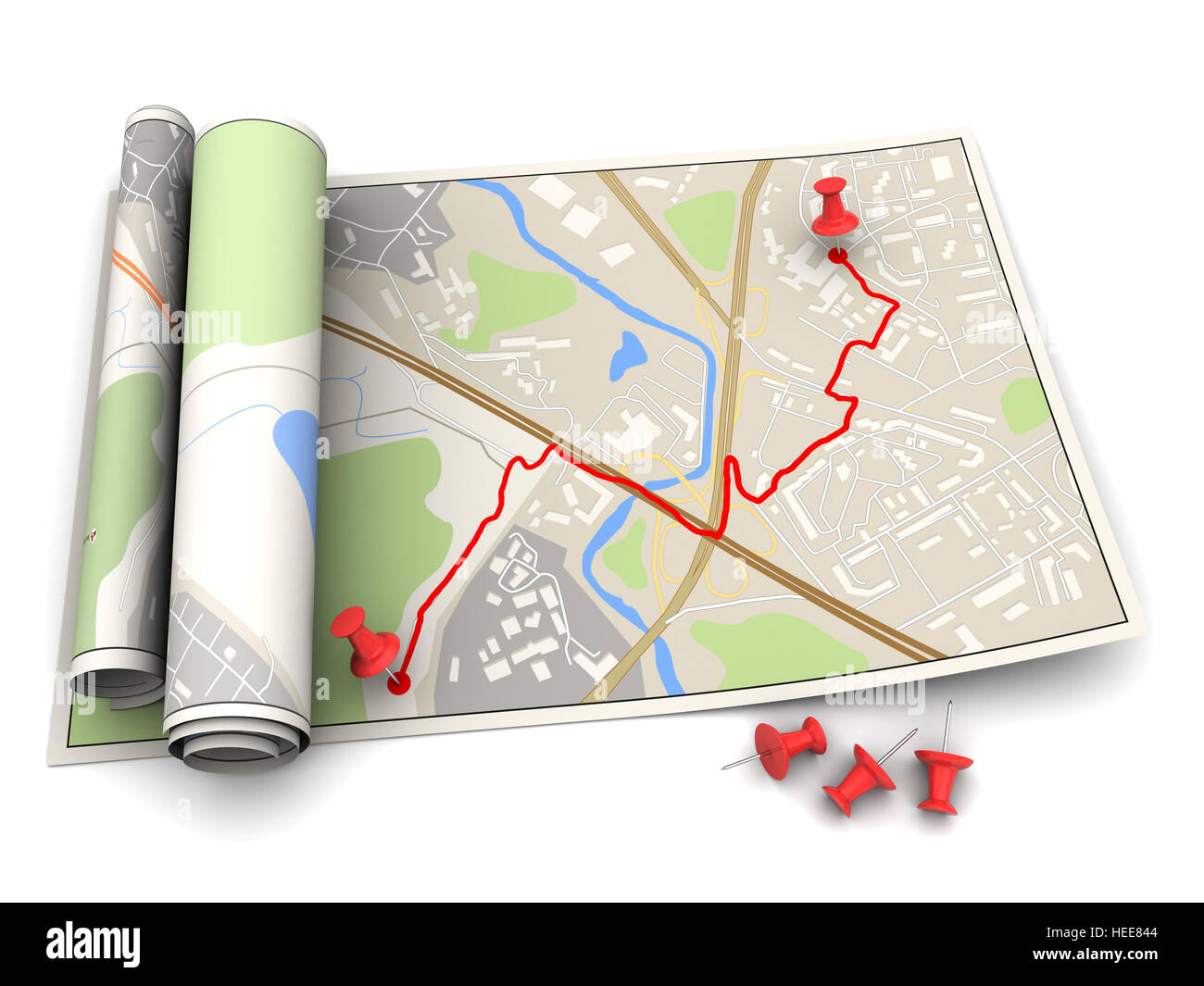 3D Darstellung der Stadtplan mit roten Route und pins Stockfoto
