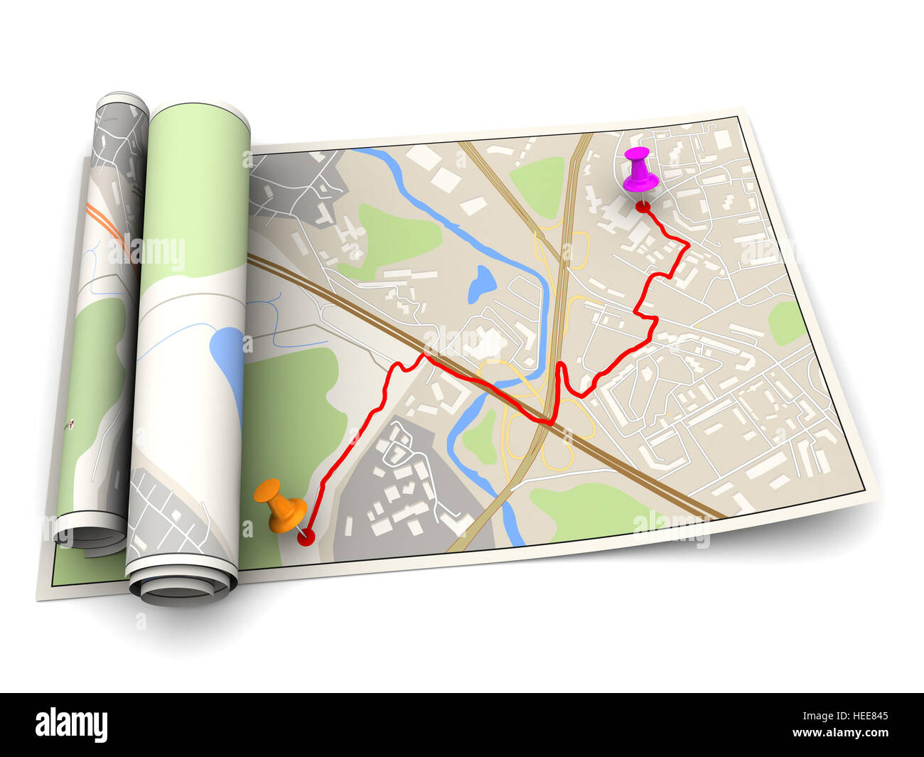 3D Darstellung der Karte mit route Stockfoto