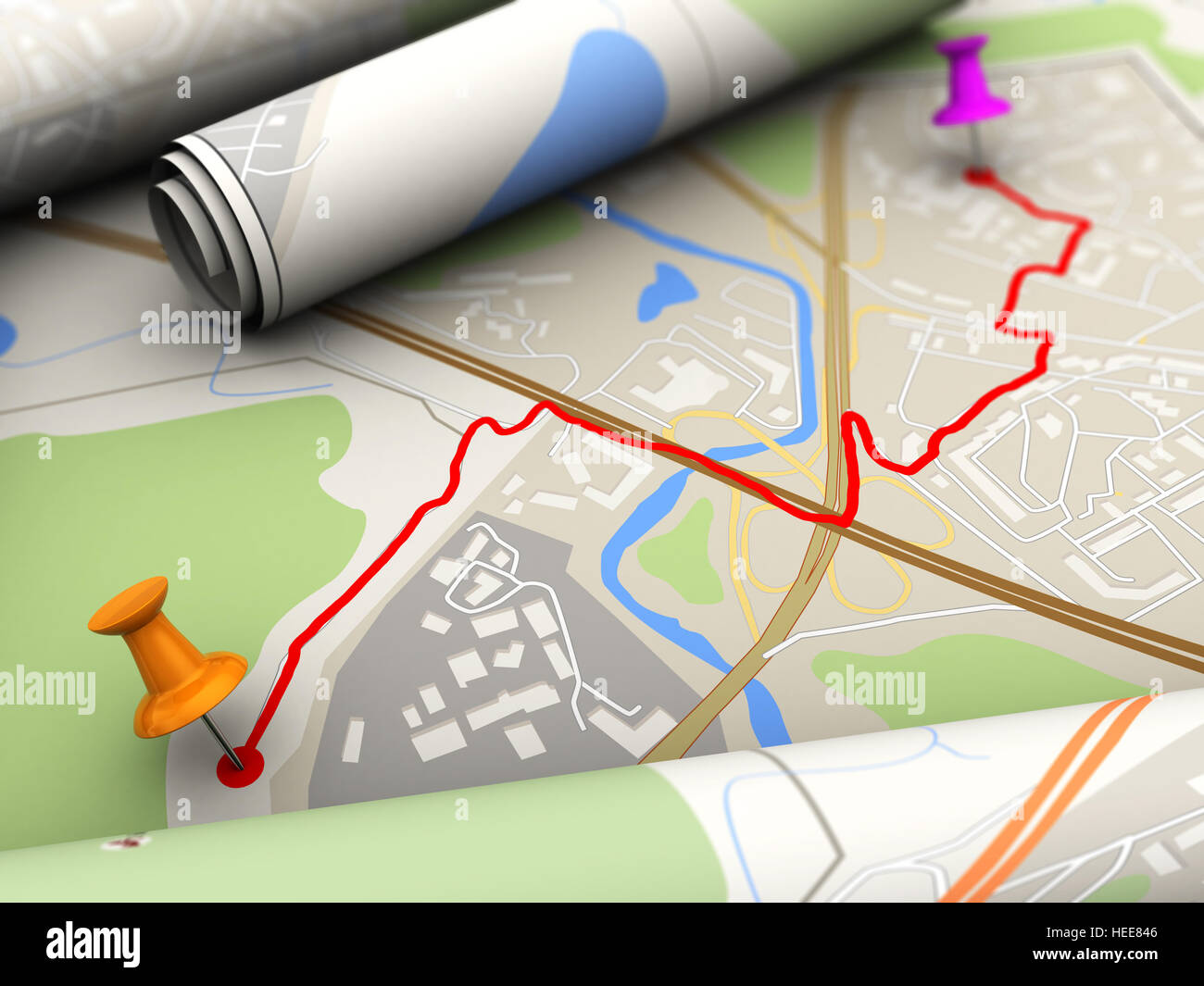 3D Darstellung der Karte Closeup mit Route und Stifte Stockfoto