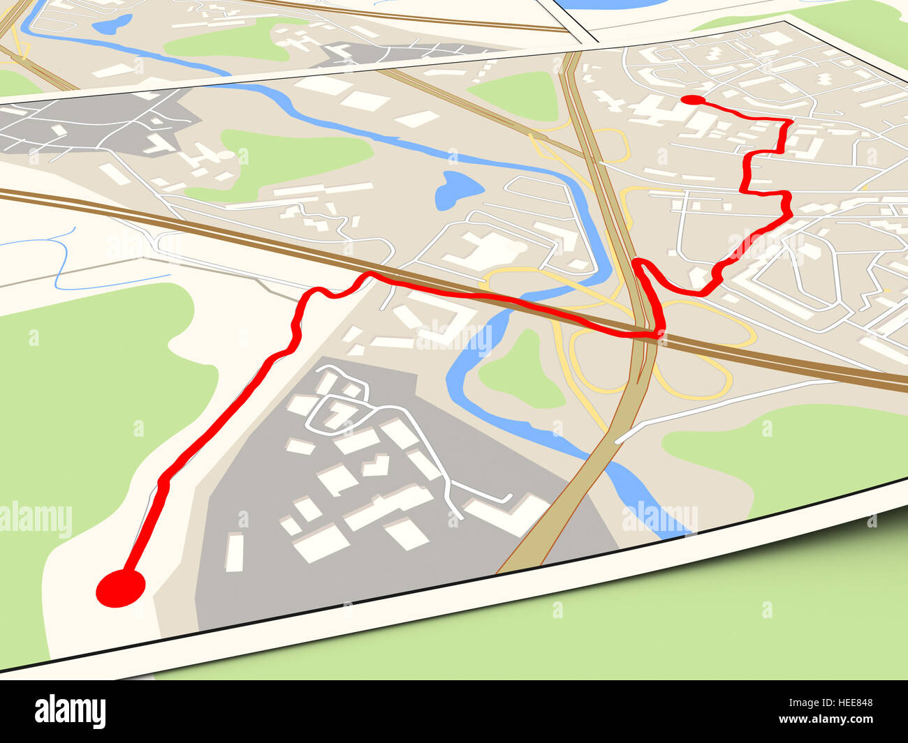 3D Darstellung der Stadtplan mit rote route Stockfoto