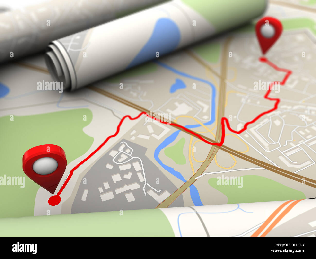3D Darstellung der Closeup Karte mit Navigationsroute Stockfoto