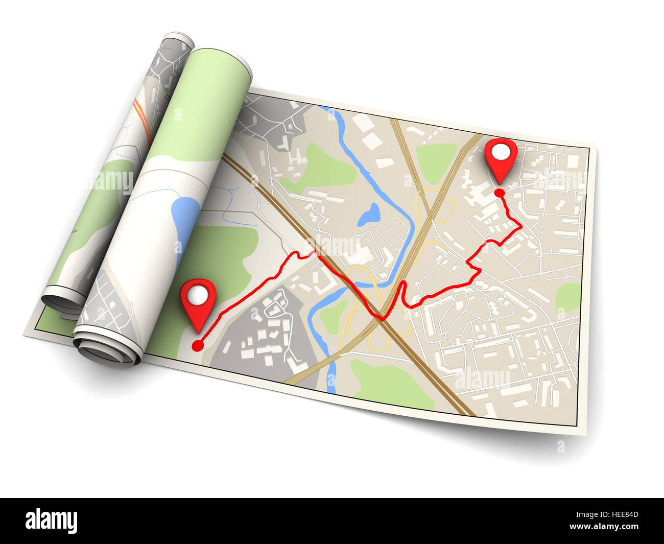 3D Darstellung der Karte mit Navigationsroute auf weißem Hintergrund Stockfoto