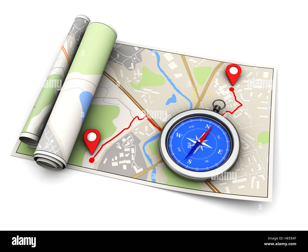 3D Darstellung der Karte mit Route und Kompass, Navigationskonzept Stockfoto