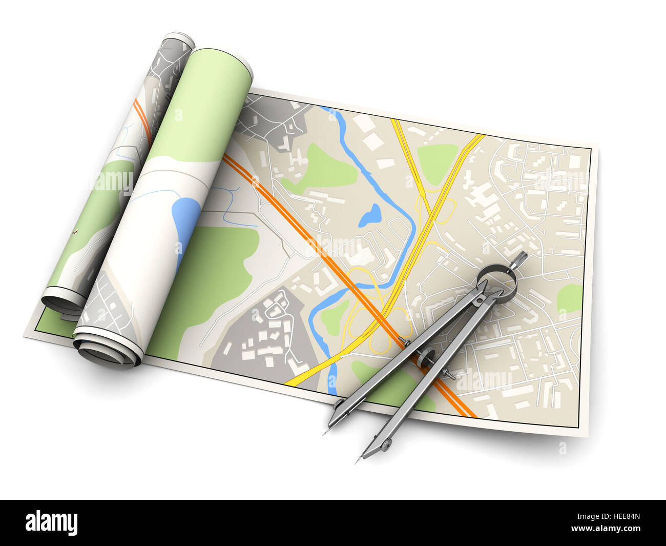 3D Darstellung der Stadtplan mit Werkzeug "Messen" auf weißem Hintergrund Stockfoto