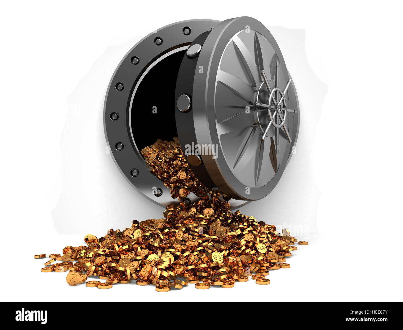3D Abbildung des Speichers voller Münzen mit Tresortür auf weißem Hintergrund Stockfoto