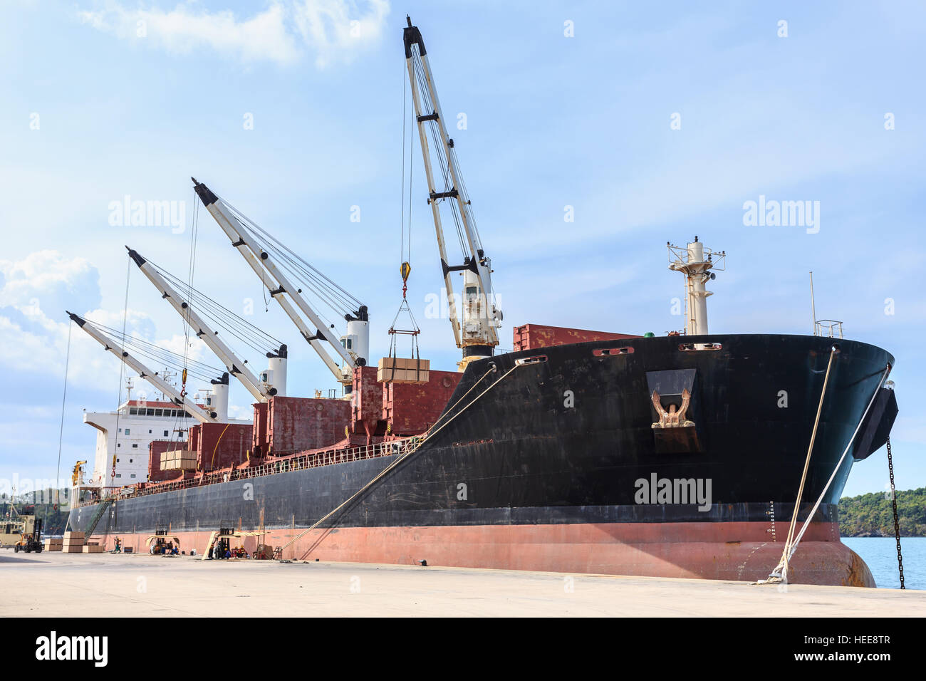 Handelsschiff mit Kranen während der Entladung Container auf das Schiff auf große kommerzielle Schiff im Hafen Stockfoto