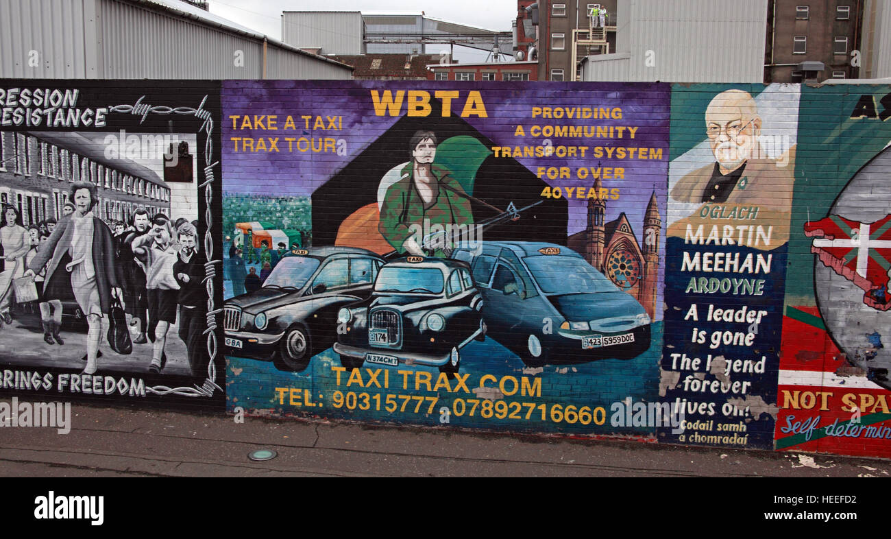 Belfast fällt Rd republikanischen Wandbild Martin Meehan, nehmen Sie ein Taxi tour WBTA Stockfoto